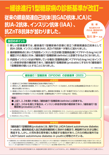 ‐ 緩徐進行1型糖尿病の診断基準が改訂‐ 従来の膵島関連自己抗体（抗GAD抗体,ICA）に<br/>抗IA-2抗体、インスリン抗体（IAA）,抗ZnT8抗体が加わりました