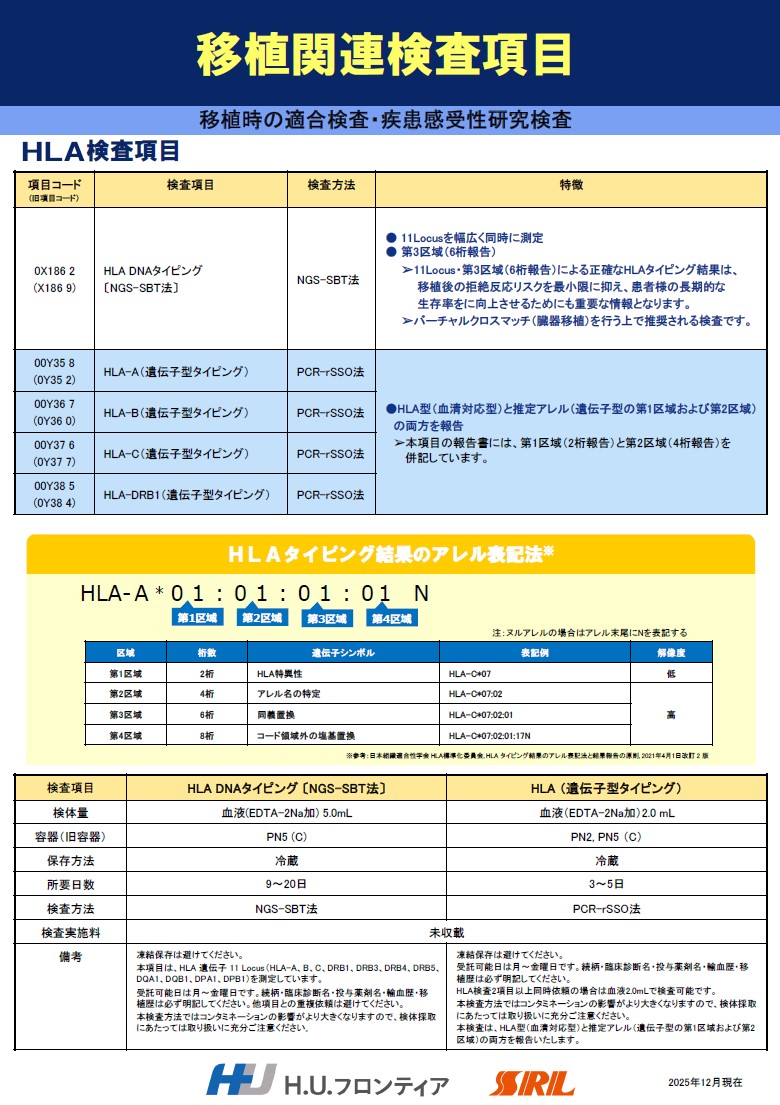 【HLAタイピング他】移植関連検査項目